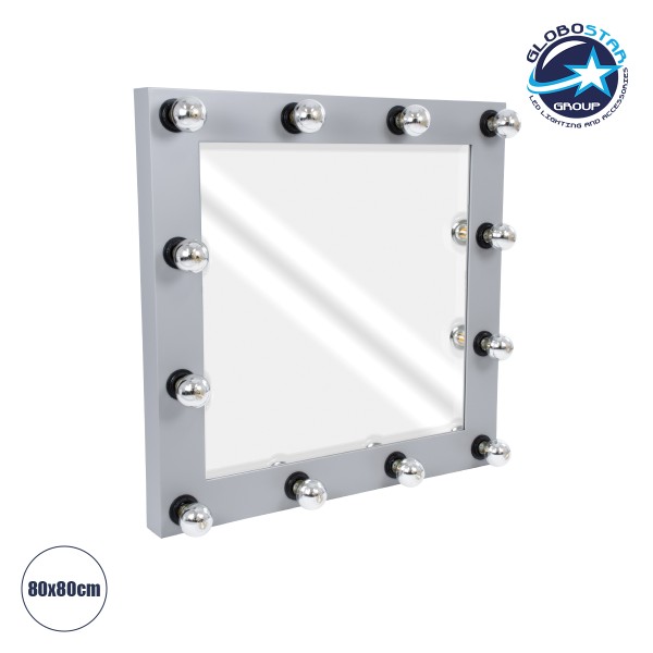 GloboStar® MAKEUP MIRROR-80x80-3 Μοντέρνος Καθρέπτης Μακιγιάζ με Πλαίσιο Φυσικού Ξύλου με Διακόπτη On/Off 12 x E27 AC220-240V - Μ80 x Π7 x Υ80cm - Γκρι Τσιμέντου