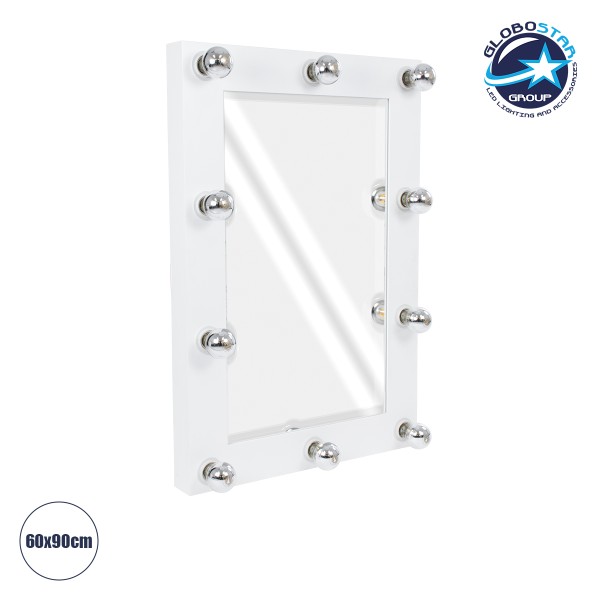 GloboStar® MAKEUP MIRROR-60x90-4 Μοντέρνος Καθρέπτης Μακιγιάζ με Πλαίσιο Φυσικού Ξύλου με Διακόπτη On/Off 10 x E27 AC220-240V - Μ60 x Π7 x Υ90cm - Λευκή Λάκα