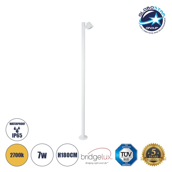GloboStar® GARDENIA 60509 Φωτιστικό Κήπου - Πάρκου - Πλατείας - Κολωνάκι Αρχιτεκτονικού Φωτισμού Εξωτερικού Χώρου LED 7W 700lm 60° AC220-240V Αδιάβροχο IP65 - Σώμα Αλουμινίου & Tempered Glass - Μ15 x Π18 x Υ180cm - Θερμό Λευκό 2700K - Λευκό - Bridgelux Ch