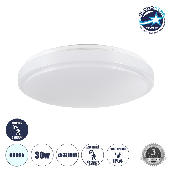 GloboStar® SENSORANO 60994 Πλαφονιέρα Οροφής LED 30W 3000lm 120° AC 220-240V με Ενσωματωμένο Σύστημα Ρυθμιζόμενου Microwave Αισθητήρα Κίνησης - Αδιάβροχη IP54 Φ38 x Υ5.3cm Ψυχρό Λευκό 6000K - Λευκό - Bridgelux Chips - 3 Years Warranty