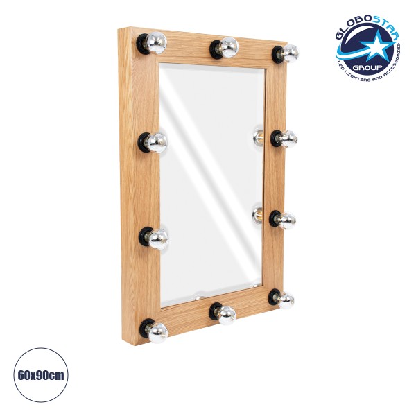 GloboStar® MAKEUP MIRROR-60x90-1 Μοντέρνος Καθρέπτης Μακιγιάζ με Πλαίσιο Φυσικού Ξύλου με Διακόπτη On/Off 10 x E27 AC220-240V - Μ60 x Π7 x Υ90cm - Μπεζ Δρυς