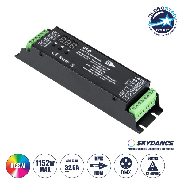 GloboStar® 70669 D4-P SKYDANCE DC DMX & RDM Dimmer High Speed Controller / Decoder 4 Καναλιών DC 12-48V 4 x 8A 384W - Max 32.5A 1152W - IP20 Μ17.5 x Π4.5 x Υ2.8cm - 5 Years Warranty