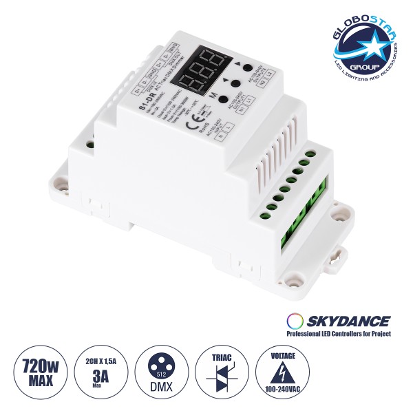 GloboStar® 70670 S1-DR SKYDANCE AC Triac DMX Dimmer Din Rail Ράγας 2 Καναλιών AC 100-240V 2 x 1.5A 360W - Max 3A 720W - IP20 DMX512 Μ11.5 x Π5 x Υ6.5cm - 5 Years Warranty