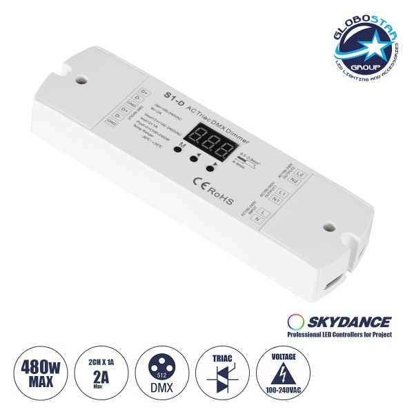 GloboStar® 70671 S1-D SKYDANCE AC Triac DMX Dimmer 2 Καναλιών AC 100-240V 2 x 1A 240W - Max 2A 480W - IP20 Μ16.7 x Π5 x Υ2.4cm - 5 Years Warranty