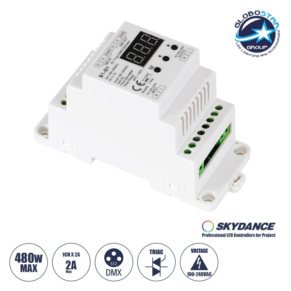 GloboStar® 70672 S1-D1 SKYDANCE AC Triac DMX Dimmer Din Rail Ράγας 1 Καναλιού AC 100-240V 1 x 2A 480W - Max 2A 480W - IP20 DMX512 Μ11.5 x Π5 x Υ6.5cm - 5 Years Warranty