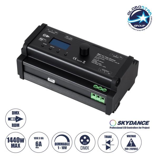GloboStar® 70674 SK1 SKYDANCE AC Triac DMX Dimmer Din Rail Ράγας 1 Καναλιού AC 100-240V 1 x 6A 1440W - Max 6A 1440W - IP20 DMX512 Μ16.8 x Π9.3 x Υ8cm - 5 Years Warranty