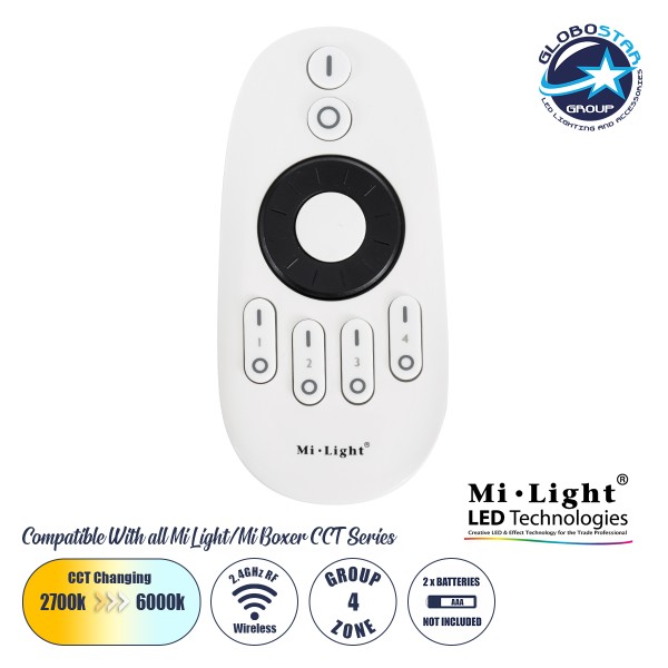 GloboStar® 71402 FUT006 Mi-Light Ασύρματο Χειριστήριο RF 2.4Ghz 4 Group για όλα τα Μονόχρωμα & CCT Mi-BOXER Controller DC 3V 2 x AAA - IP20 Λευκό Μ10.8 x Π5.4 x Υ2cm - 5 Years Warranty