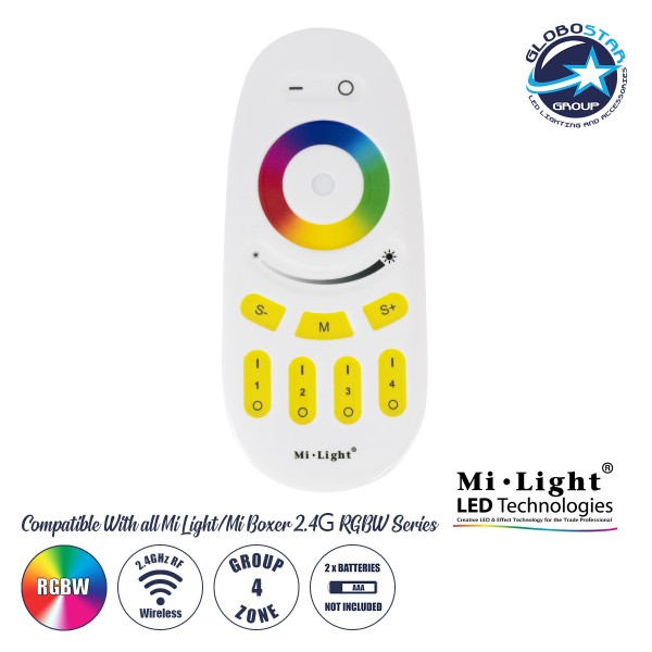 GloboStar® 71409 FUT096 Mi-Light Ασύρματο Χειριστήριο Αφής RF 2.4Ghz 4 Group για όλα τα RGBW Mi-BOXER Controller DC 3V 2 x AAA - IP20 Λευκό Μ12 x Π5.4 x Υ2cm - 5 Years Warranty