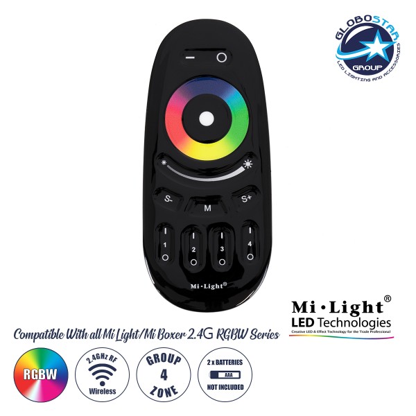 GloboStar® 71410 FUT096-B Mi-Light Ασύρματο Χειριστήριο Αφής RF 2.4Ghz 4 Group για όλα τα RGBW Mi-BOXER Controller DC 3V 2 x AAA - IP20 Μαύρο Μ12 x Π5.4 x Υ2cm - 5 Years Warranty