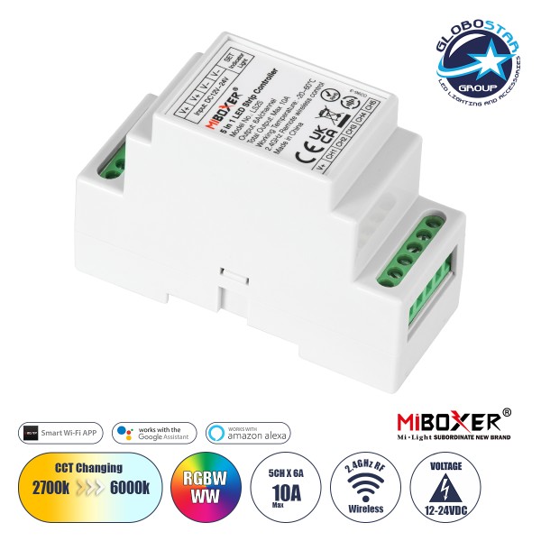 GloboStar® 71415 LS2S Mi-BOXER DC WiFi & RF 2.4Ghz Dimmer High Speed Controller 5 Καναλιών DC 12-24V 5 x 6A 144W - Max 10A 240W - IP20 RGBW+WW - Din Rail Ράγας - Μ9 x Π3.4 x Υ6cm - 5 Years Warranty