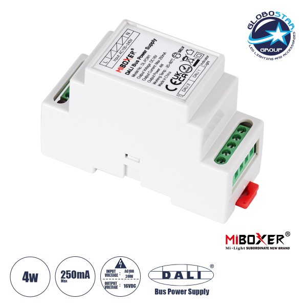 GloboStar® 71420 DL-POW1 Mi-BOXER DC DALI BUS Power Supply Τροφοδοτικό SELV AC 100-240V σε DC 16V 2 Καναλιών DC 16V 2 x 125mA 2W - Max 250mA 4W - IP20 - Din Rail Ράγας - Μ9 x Π3.4 x Υ6cm - 5 Years Warranty