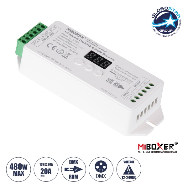 GloboStar® 71424 D1-CX Mi-BOXER DC DMX & RDM Dimmer High Speed Controller / Decoder 1 Καναλιού DC 12-24V 1 x 20A 480W - Max 20A 480W - IP20 Μ13 x Π5 x Υ2.5cm - 5 Years Warranty