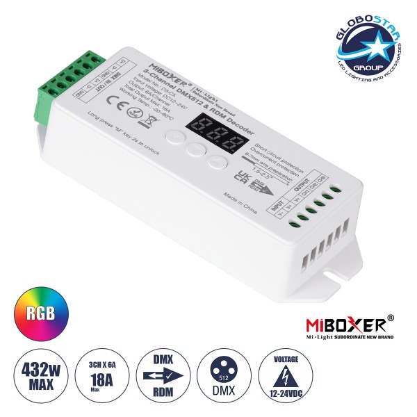 GloboStar® 71425 D3-CX Mi-BOXER DC DMX & RDM Dimmer High Speed Controller / Decoder 3 Καναλιών DC 12-24V 3 x 6A 144W - Max 18A 432W - IP20 Μ13 x Π5 x Υ2.5cm - 5 Years Warranty