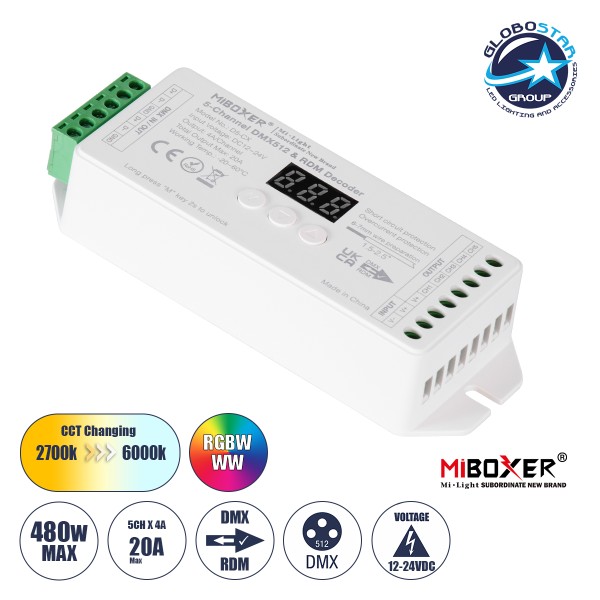 GloboStar® 71426 D5-CX Mi-BOXER DC DMX & RDM Dimmer High Speed Controller / Decoder 5 Καναλιών DC 12-24V 5 x 4A 96W - Max 20A 480W - IP20 Μ13 x Π5 x Υ2.5cm - 5 Years Warranty