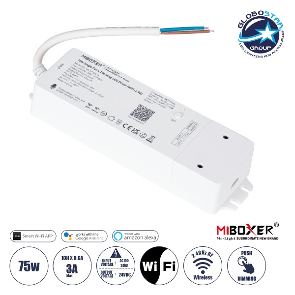GloboStar® 71437 WL1-P75V24 Mi-BOXER DC Smart Wifi & RF 2.4Ghz & Push Dimming Power Supply Τροφοδοτικό SELV & Controller / Dimmer All in One AC100-240V σε DC 24V 1 x 3A 75W - Max 3A 75W - IP20 Μ19 x Π5.5 x Υ3.2cm - 5 Years Warranty