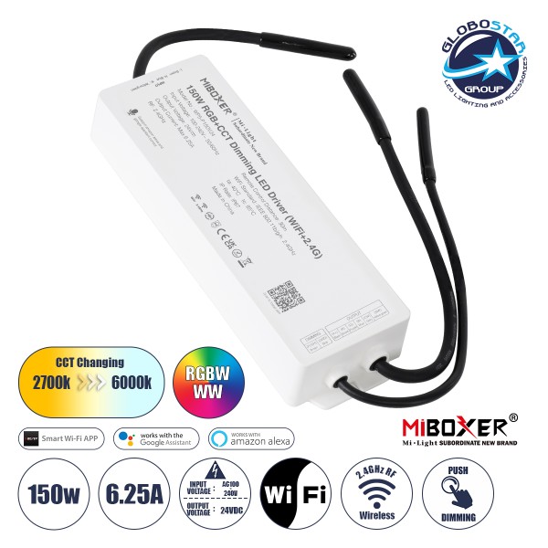 GloboStar® 71440 WP5-P150V24 Mi-BOXER DC Smart Wifi & RF 2.4Ghz & Push Dimming Power Supply Τροφοδοτικό SELV & Controller / Dimmer All in One 5 Καναλιών AC100-240V σε DC 24V 5 x 1.25A 30W - Max 6.25A 150W - Αδιάβροχο IP67 RGBW+WW Μ22.5 x Π7.3 x Υ3.5cm - 5