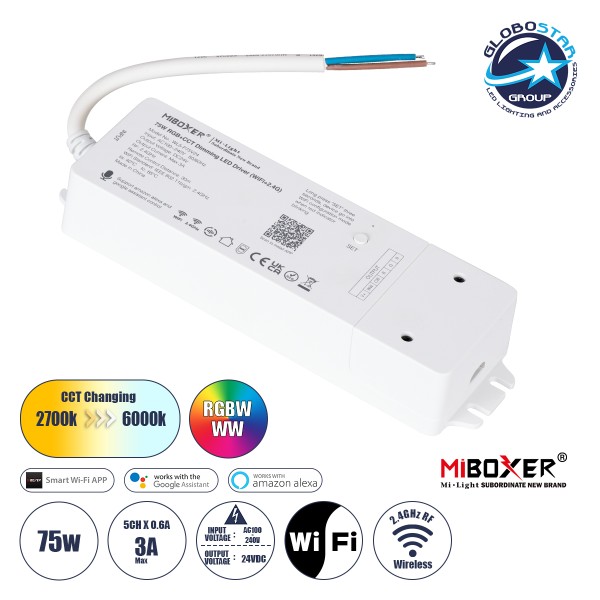 GloboStar® 71441 WL5-P75V24 Mi-BOXER DC Smart Wifi & RF 2.4Ghz Power Supply Τροφοδοτικό SELV & Controller / Dimmer All in One 5 Καναλιών AC100-240V σε DC 24V 5 x 0.6A 14.4W - Max 3A 75W - IP20 RGBW+WW Μ19 x Π5.5 x Υ3.2cm - 5 Years Warranty