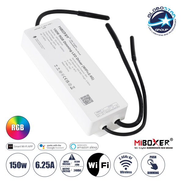GloboStar® 71442 WP3-P150V24 Mi-BOXER DC Smart Wifi & RF 2.4Ghz Power Supply Τροφοδοτικό SELV & Controller / Dimmer All in One 3 Καναλιών AC100-240V σε DC 24V 3 x 2.1A 50W - Max 6.25A 150W - Αδιάβροχο IP67 RGB Μ22.5 x Π7.3 x Υ3.5cm - 5 Years Warranty