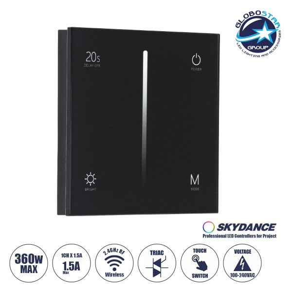 GloboStar® 71453 S1-T SKYDANCE AC Smart RF 2.4Ghz & Αφής - Touch Triac Dimming AC100-240V σε AC100-240V 1 x 1.5A 360W - Max 1.5A 360W - IP20 - Μαύρο Σώμα - Μ8.5 x Π8.5 x Υ3.2cm - 5 Years Warranty