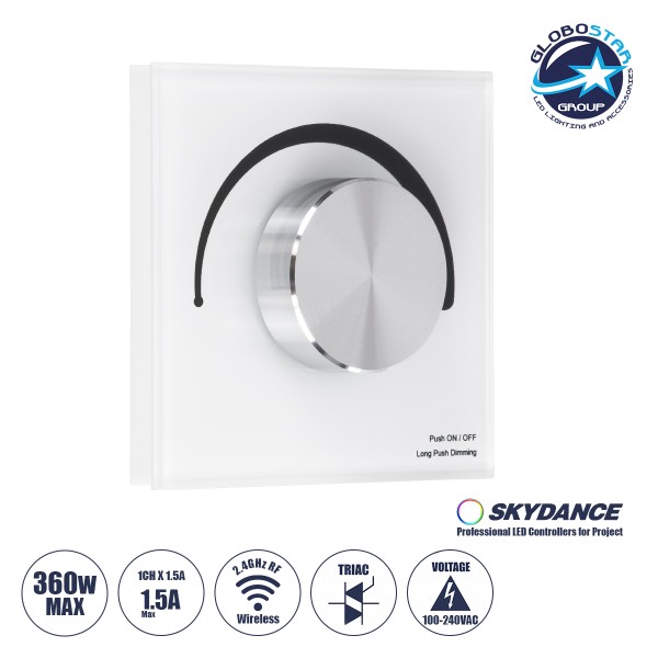 GloboStar® 71454 S1-K SKYDANCE AC Smart RF 2.4Ghz & Ροοστάτη - Push ON/OFF Triac Dimming AC100-240V σε AC100-240V 1 x 1.5A 360W - Max 1.5A 360W - IP20 - Λευκό Σώμα - Μ8.5 x Π8.5 x Υ5cm - 5 Years Warranty