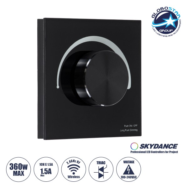 GloboStar® 71455 S1-K SKYDANCE AC Smart RF 2.4Ghz & Ροοστάτη - Push ON/OFF Triac Dimming AC100-240V σε AC100-240V 1 x 1.5A 360W - Max 1.5A 360W - IP20 - Μαύρο Σώμα - Μ8.5 x Π8.5 x Υ5cm - 5 Years Warranty