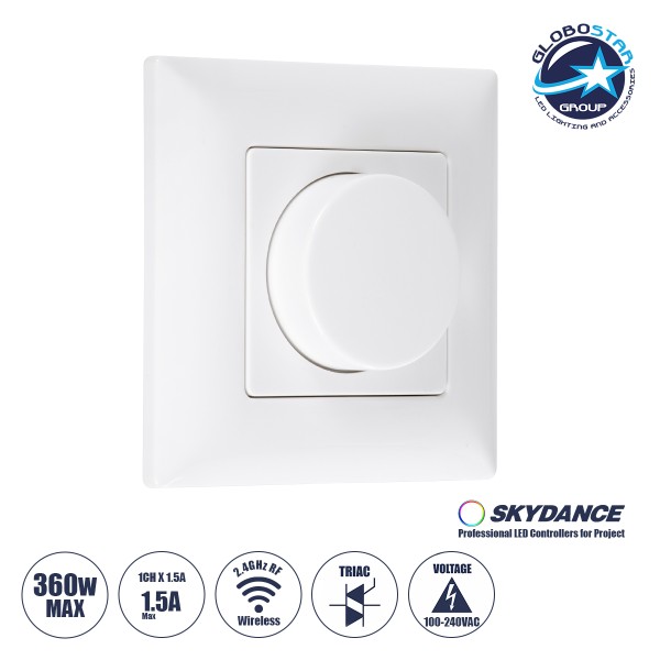 GloboStar® 71456 KS SKYDANCE AC Smart RF 2.4Ghz & Ροοστάτη Triac Dimming AC100-240V σε AC100-240V 1 x 1.5A 360W - Max 1.5A 360W - IP20 - Λευκό Σώμα - Μ8.5 x Π8.5 x Υ5.2cm - 5 Years Warranty