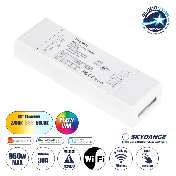 GLOBOSTAR® SKYDANCE-V5-L(WT) 71470 DC WiFi & RF 2.4Ghz & Push Dimmer / Controller με 5 x 6A 288W Κανάλια DC 12-48V 30A 1440W Max IP20 - WiFI & RF 2.4Ghz & Push Dimming - Μ18 x Π5.7 x Υ2.8cm - 5 Χρόνια Εγγύηση