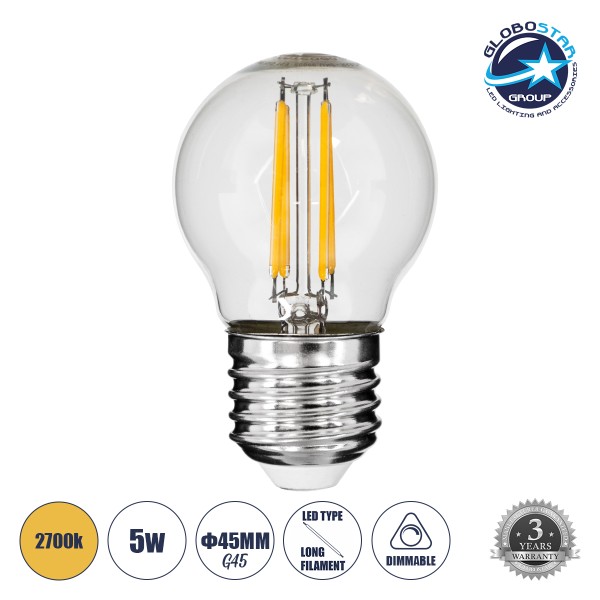 GloboStar® 99005 Λάμπα LED Long Filament E27 G45 Γλομπάκι 5W 500lm 360° AC 220-240V IP20 Φ4.5 x Υ7.5cm Θερμό Λευκό 2700K με Διάφανο Γυαλί - Dimmable - 3 Years Warranty