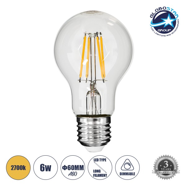 GloboStar® 99006 Λάμπα LED Long Filament E27 A60 Γλόμπος 6W 600lm 360° AC 220-240V IP20 Φ6 x Υ10.5cm Θερμό Λευκό 2700K με Διάφανο Γυαλί - Dimmable - 3 Years Warranty