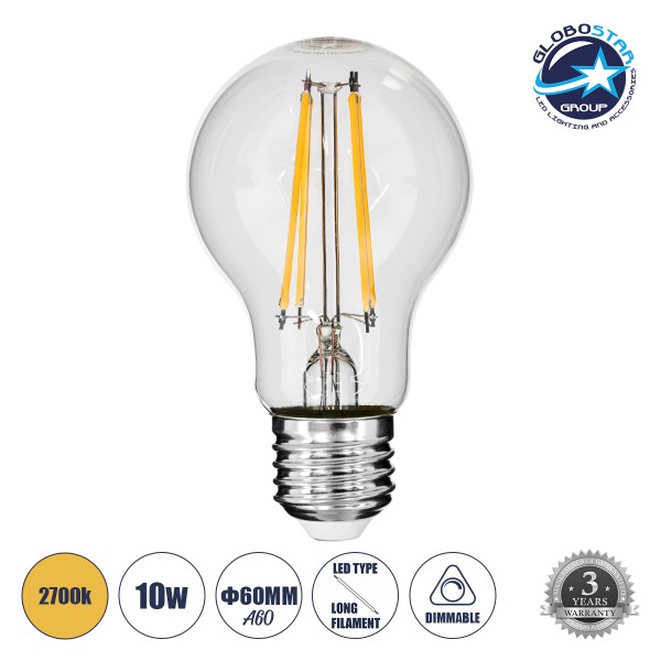 GloboStar® 99008 Λάμπα LED Long Filament E27 A60 Γλόμπος 10W 1000lm 360° AC 220-240V IP20 Φ6 x Υ10.5cm Θερμό Λευκό 2700K με Διάφανο Γυαλί - Dimmable - 3 Years Warranty