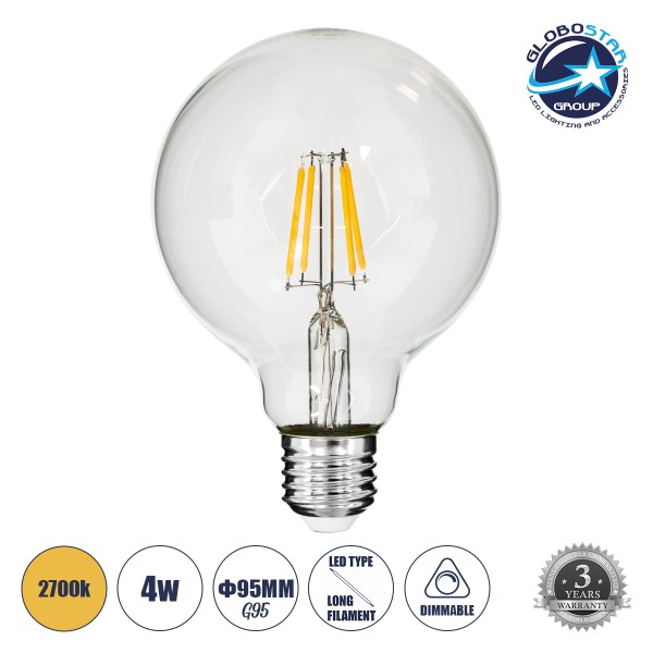 GloboStar® 99009 Λάμπα LED Long Filament E27 G95 Γλόμπος 4W 400lm 360° AC 220-240V IP20 Φ9.5 x Υ13.5cm Θερμό Λευκό 2700K με Διάφανο Γυαλί - Dimmable - 3 Years Warranty