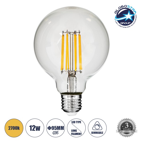 GloboStar® 99011 Λάμπα LED Long Filament E27 G95 Γλόμπος 12W 1200lm 360° AC 220-240V IP20 Φ9.5 x Υ13.5cm Θερμό Λευκό 2700K με Διάφανο Γυαλί - Dimmable - 3 Years Warranty