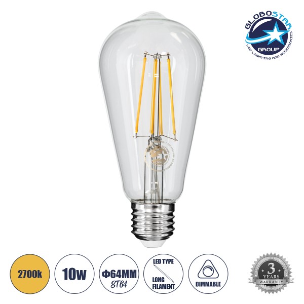 GloboStar® 99017 Λάμπα LED Long Filament E27 ST64 Αχλάδι 10W 1000lm 360° AC 220-240V IP20 Φ6.4 x Υ14cm Θερμό Λευκό 2700K με Διάφανο Γυαλί - Dimmable - 3 Years Warranty