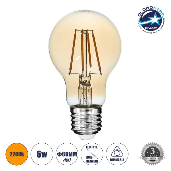 GloboStar® 99036 LED Long Filament Bulb E27 A60 Globe 6W 550lm 360° AC 220-240V IP20 D6 x H10.5cm Ultra Θερμό Λευκό 2200K με Μελί Γυαλί - Dimmable - 3 Years Warranty