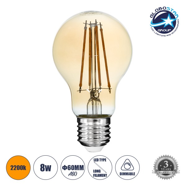 GloboStar® 99037 LED Long Filament Bulb E27 A60 Globe 8W 720lm 360° AC 220-240V IP20 D6 x H10.5cm Ultra Θερμό Λευκό 2200K με Μελί Γυαλί - Dimmable - 3 Years Warranty