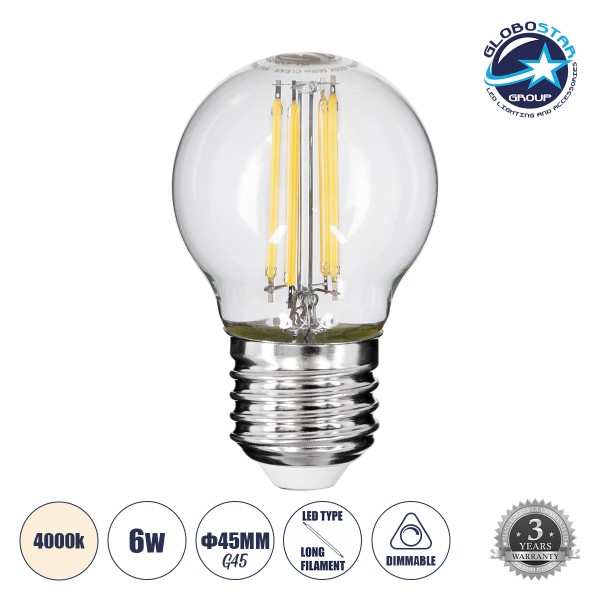 GloboStar® 99052 Λάμπα LED Long Filament E27 G45 Γλομπάκι 6W 660lm 360° AC 220-240V IP20 Φ4.5 x Υ7.5cm Φυσικό Λευκό 4000K με Διάφανο Γυαλί - Dimmable - 3 Years Warranty