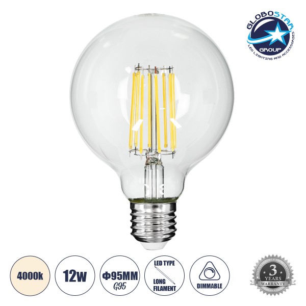 GloboStar® 99054 Λάμπα LED Long Filament E27 G95 Γλόμπος 12W 1320lm 360° AC 220-240V IP20 Φ9.5 x Υ13.5cm Φυσικό Λευκό 4000K με Διάφανο Γυαλί - Dimmable - 3 Years Warranty