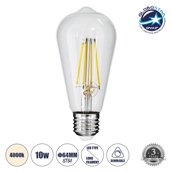 GloboStar® 99056 Λάμπα LED Long Filament E27 ST64 Αχλάδι 10W 1100lm 360° AC 220-240V IP20 Φ6.4 x Υ14cm Φυσικό Λευκό 4000K με Διάφανο Γυαλί - Dimmable - 3 Years Warranty