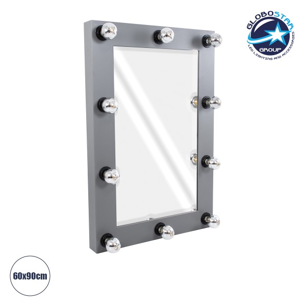 GloboStar® MAKEUP MIRROR-60x90-6 Μοντέρνος Καθρέπτης Μακιγιάζ με Πλαίσιο Φυσικού Ξύλου με Διακόπτη On/Off 10 x E27 AC220-240V - Μ60 x Π7 x Υ90cm - Γκρι Ανθρακί
