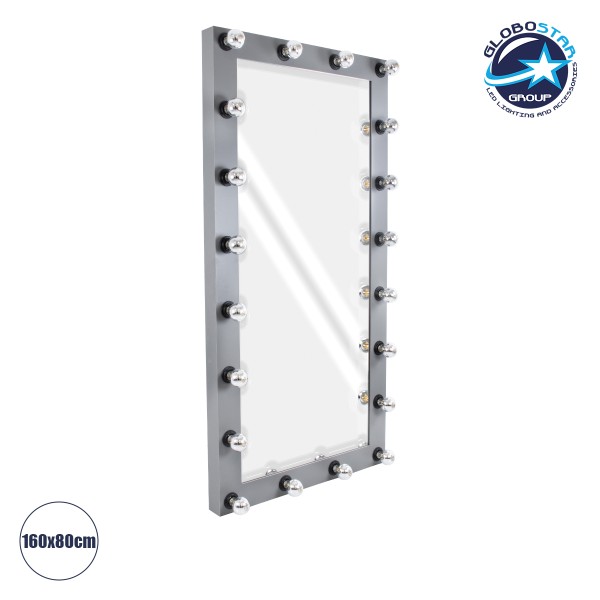 GloboStar® MAKEUP MIRROR-160x80-6 Μοντέρνος Καθρέπτης Μακιγιάζ με Πλαίσιο Φυσικού Ξύλου με Διακόπτη On/Off 20 x E27 AC220-240V - Μ80 x Π7 x Υ160cm - Γκρι Ανθρακί