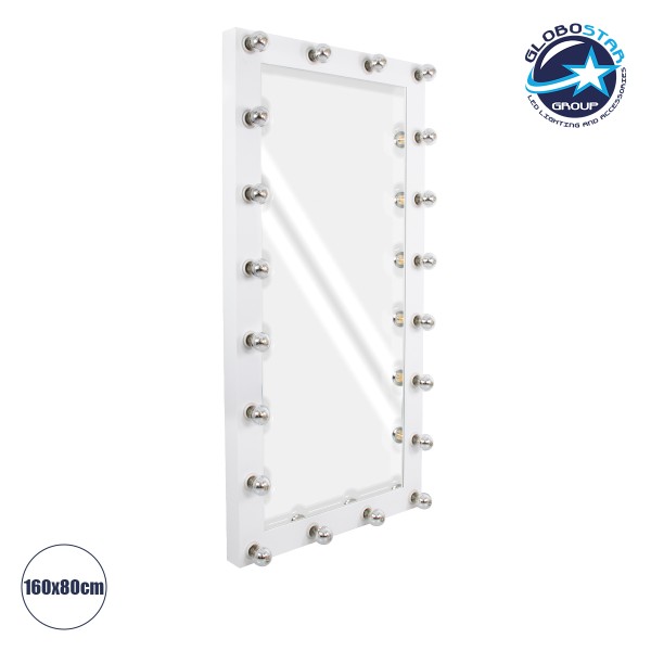 GloboStar® MAKEUP MIRROR-160x80-4 Μοντέρνος Καθρέπτης Μακιγιάζ με Πλαίσιο Φυσικού Ξύλου με Διακόπτη On/Off 20 x E27 AC220-240V - Μ80 x Π7 x Υ160cm - Λευκή Λάκα