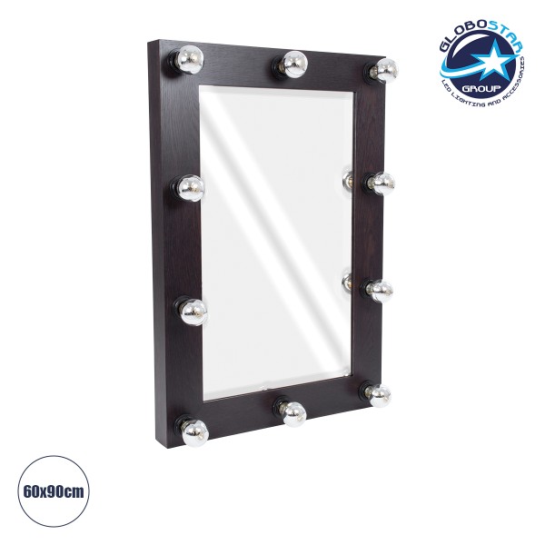 GloboStar® MAKEUP MIRROR-60x90-2 Μοντέρνος Καθρέπτης Μακιγιάζ με Πλαίσιο Φυσικού Ξύλου με Διακόπτη On/Off 10 x E27 AC220-240V - Μ60 x Π7 x Υ90cm - Καφέ Wenge