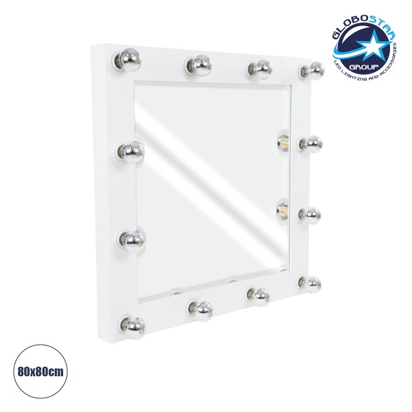 GloboStar® MAKEUP MIRROR-80x80-4 Μοντέρνος Καθρέπτης Μακιγιάζ με Πλαίσιο Φυσικού Ξύλου με Διακόπτη On/Off 12 x E27 AC220-240V - Μ80 x Π7 x Υ80cm - Λευκή Λάκα