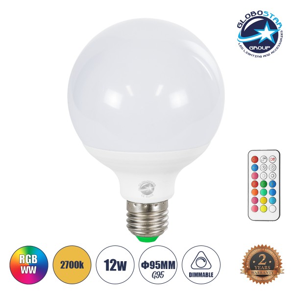 GloboStar® 76071 Λάμπα LED E27 G95 Γλόμπος 12W 780lm 260° AC 220-240V IP20 Φ9.5 x Υ14cm - Εναλλαγή Φωτισμού μέσω Τηλεχειριστηρίου - Πολύχρωμο RGB+WW - 2 Years Warranty