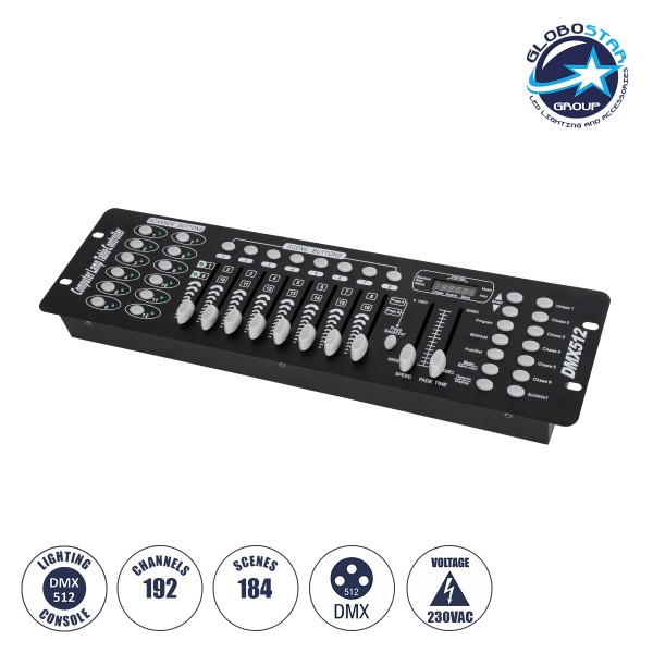 GloboStar® 73493 DMX 192 Channel Fader Console - Κονσόλα Φωτισμού 192 Καναλιών DMX AC 100-240V - IP20 Μ48 x Π13.5 x Υ7cm - 2 Χρόνια Εγγύηση