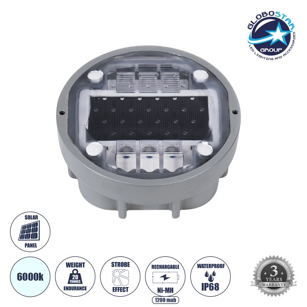 GloboStar® ROADER 60367 Professional LED Strobe Αυτόνομος Ηλιακός Χωνευτός Ανακλαστήρας Οδοστρώματος με Ενσωματωμένο Φωτοβολταϊκό Panel 2.5V 220mA & Επαναφορτιζόμενη Μπαταρία Ni-MH 1.2V 1200mAh - Αδιάβροχο IP68 - Ψυχρό Λευκό 6000K - Max Pass Load 20 Τόνοι