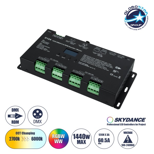 GloboStar® 71451 D12A SKYDANCE DC DMX & RDM Dimmer High Speed Controller / Decoder / Master 12 Καναλιών DC 12-24V 12 x 5A 120W - Max 60.5A 1440W - IP20 Μ25 x Π11.5 x Υ4cm - 5 Years Warranty