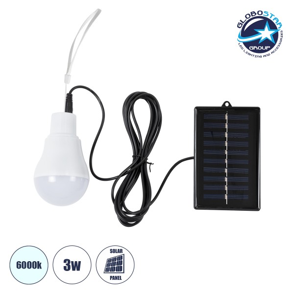 GloboStar® SOLAR-BULB 71502 Αυτόνομη Ηλιακή Κρεμαστή Λάμπα LED A60 Γλόμπος 3W 250lm 260° με Φωτοβολταικό Panel 5V 4W & Επαναφορτιζόμενη Μπαταρία Li-ion 3.2V 600mAh - IP54 - Ψυχρό Λευκό 6000K - Φ6 x Υ10cm - 2 Years Warranty