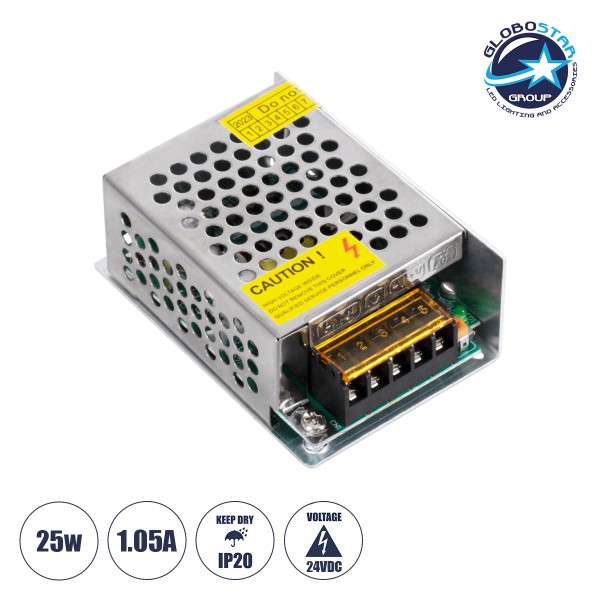 GloboStar® 73041 Μεταλλικό Τροφοδοτικό PELV για Προϊόντα LED 25W 1.05A - AC 220-240V σε DC 24V - IP20 L8.7 x W5.8 x H3.4cm - 3 Years Warranty