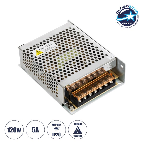 GloboStar® 73043 Μεταλλικό Τροφοδοτικό PELV για Προϊόντα LED 120W 5A - AC 220-240V σε DC 24V - IP20 L13 x W10 x H4cm - 3 Years Warranty